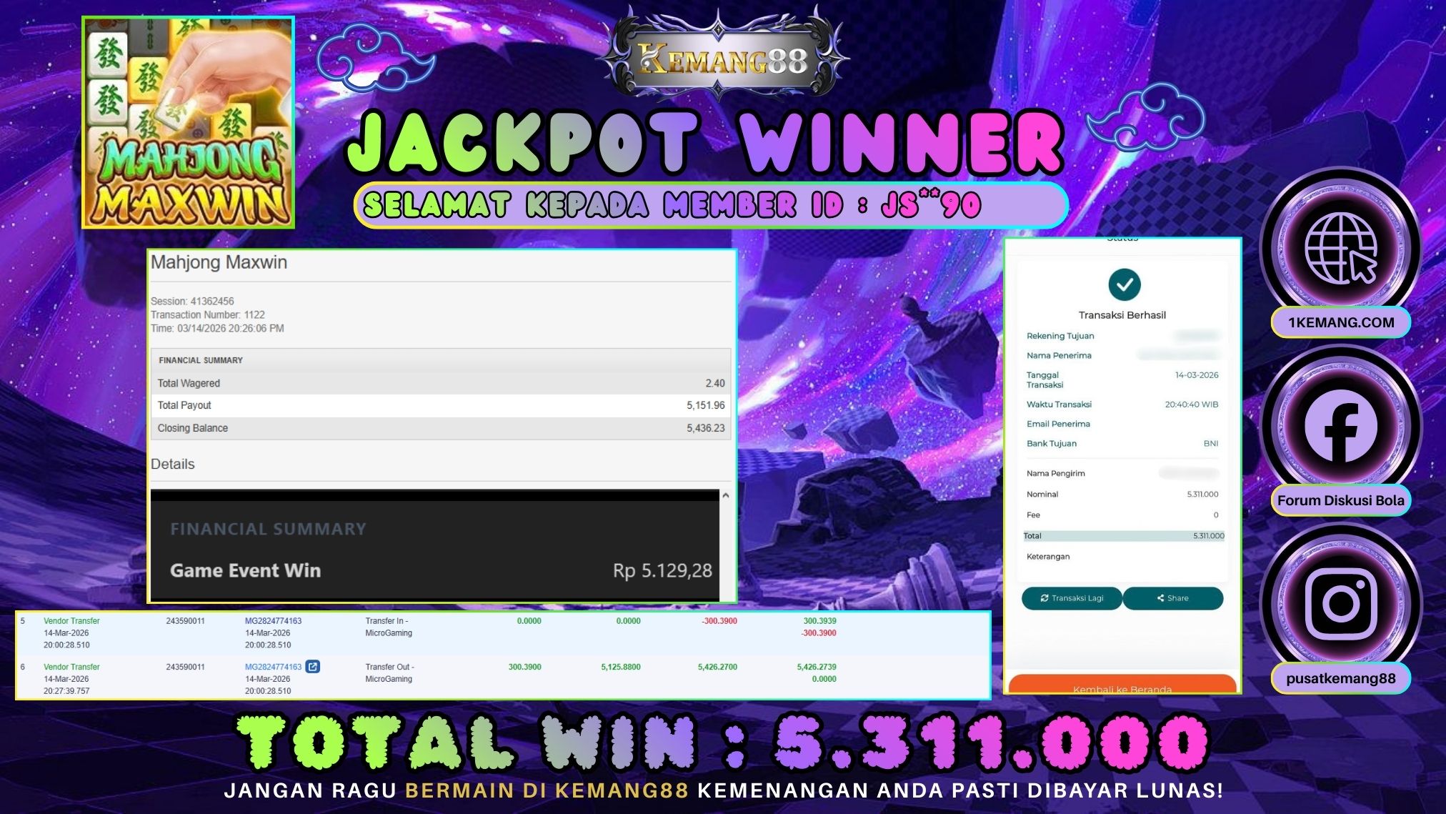 KEMANG88 [14 Maret 2026] : JACKPOT SLOT : MAHJONG MAXWIN [MG] Rp. 5.311.000.,- LUNAS